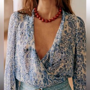 Sezane Abelia Blouse Alcazar Blue Top Crossover size 38 = US 6